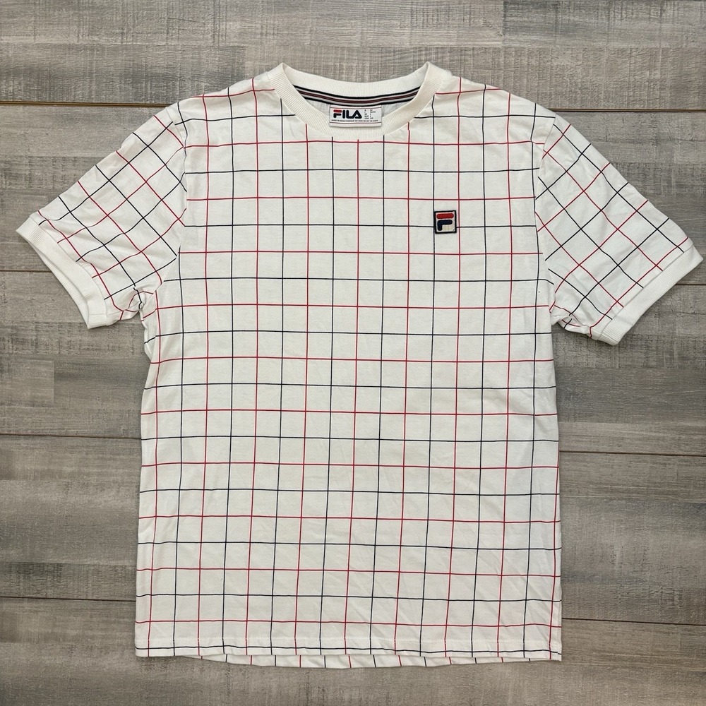 Fila Casbian Check Windowpane Ringer Shirt White Men’s Size Large Stretch